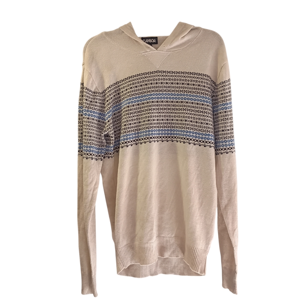 EUC VTG Y2K CARBON Men Beige Blue Geometric Knit Hooded‎ Pullover Sweater Size L